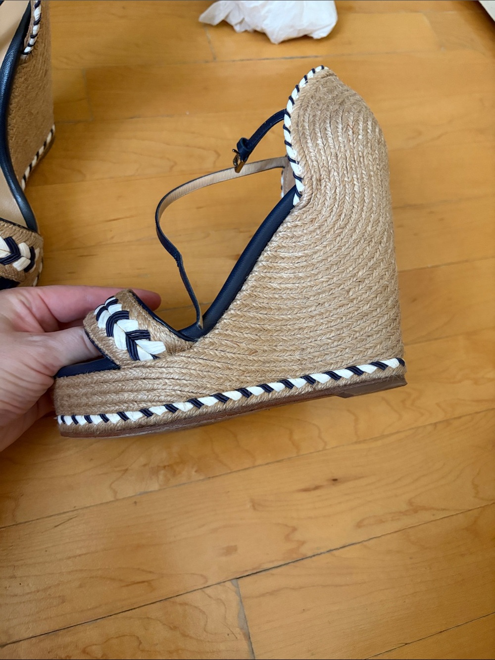 Gucci Navy and Tan Braided Espadrille Wedge Sandals - Picture 11 of 14